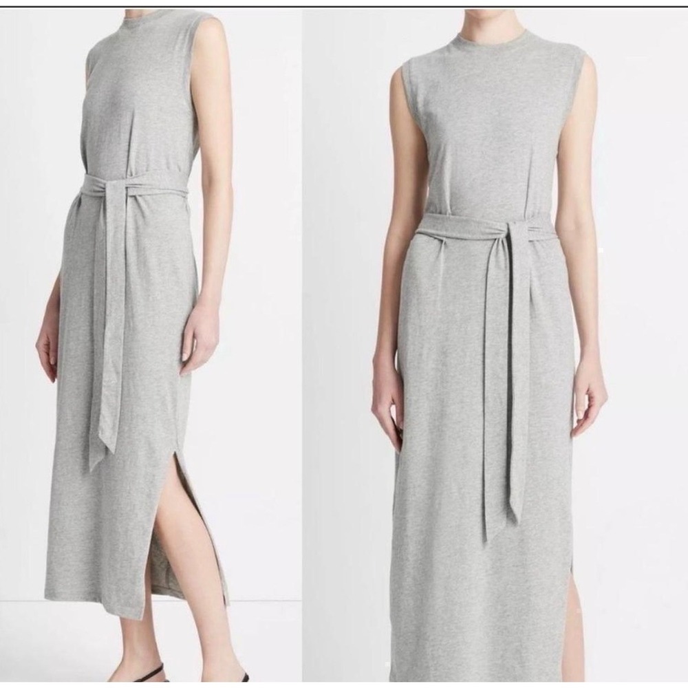Vince Womens Heather Grey Cotton Sleeveless Belted Midi Dress V017984532 NEW S